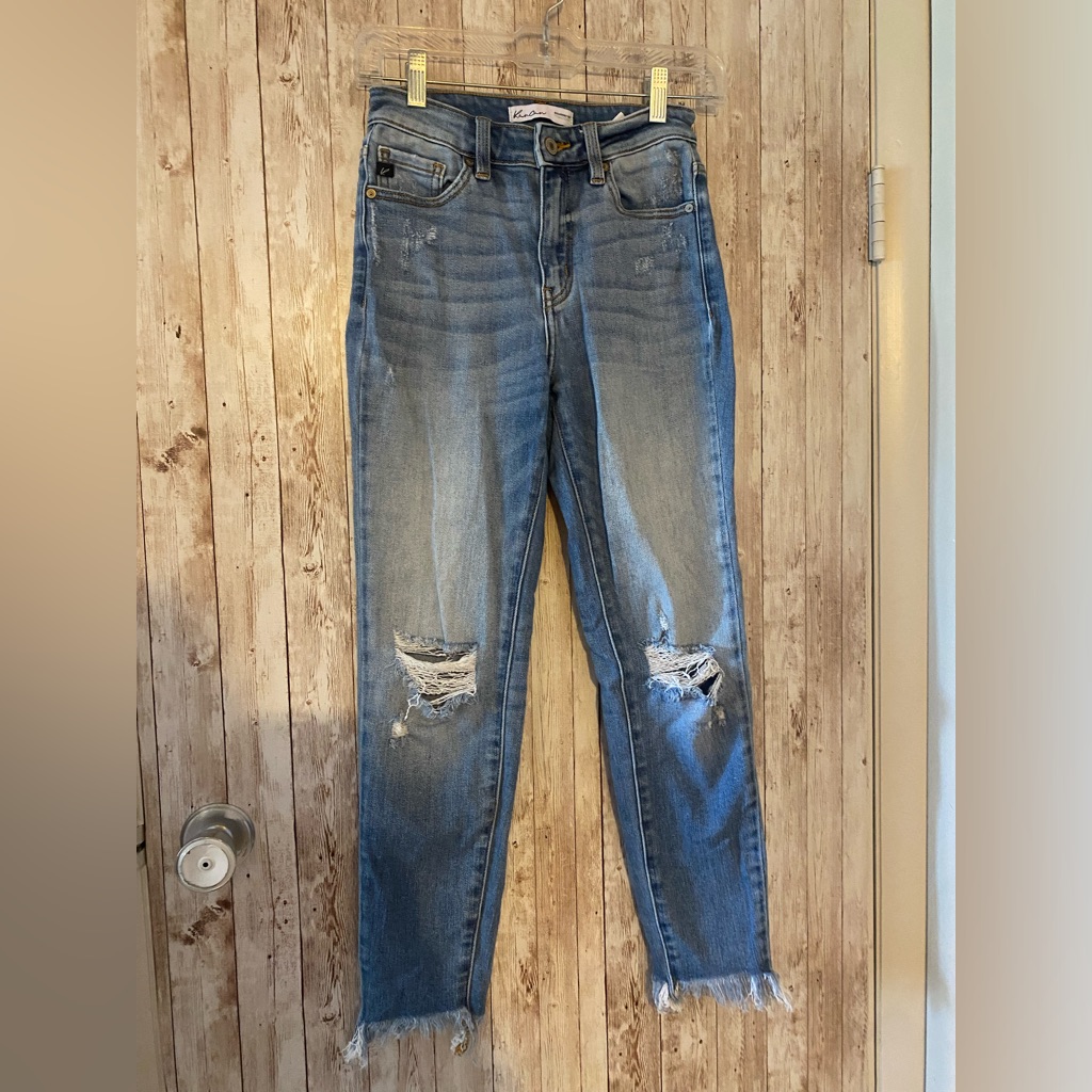 Kancan High Rise Light Wash Destructed Skinny Jeans Size 25 Blue Frayed Hem
